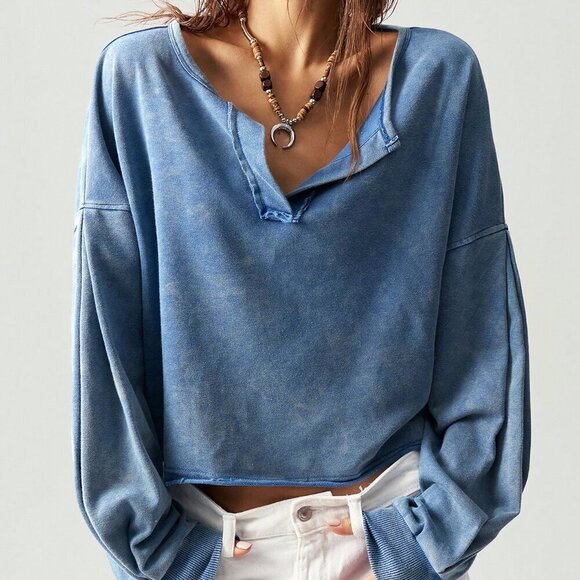 Tops - Blue Casual Women's V-Neck  Long Sleeve Loose Pullover Sweatshirt